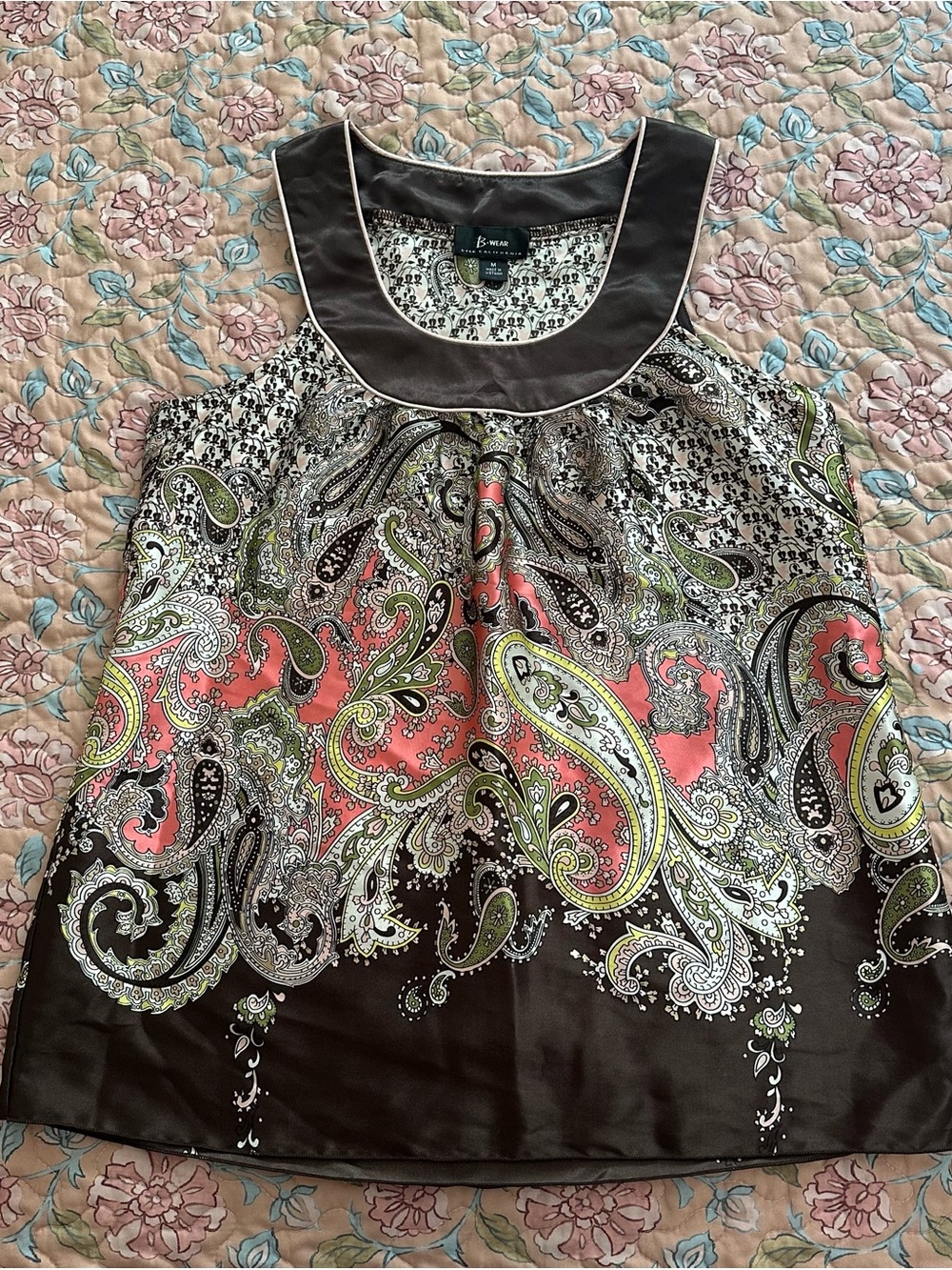 Byer California Coral Pink Brown & Green Paisley Print Halter Women’s Top
